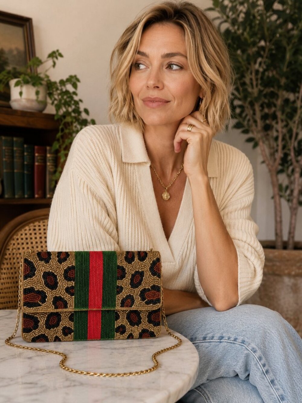 La Chic Designs Hand-Beaded Leopard Stripe Crossbody Clutch | Made in India